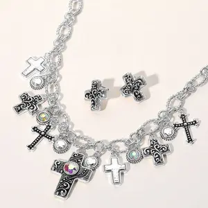 Two Tone Metal Intricate Scroll Cross Stone Charm Necklace: Silver