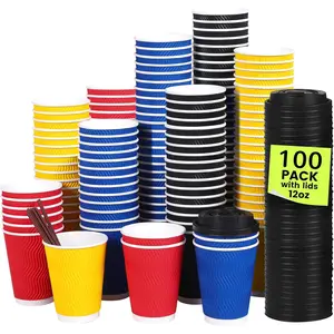 4-Color Assortment Coffee Cups (Red, Blue, Black, Yellow) - 100-Pack of 12 oz Disposable Paper Cups with Lids, Stirring Straws, Insulated Corrugated Wall for Hot & Cold Drinks