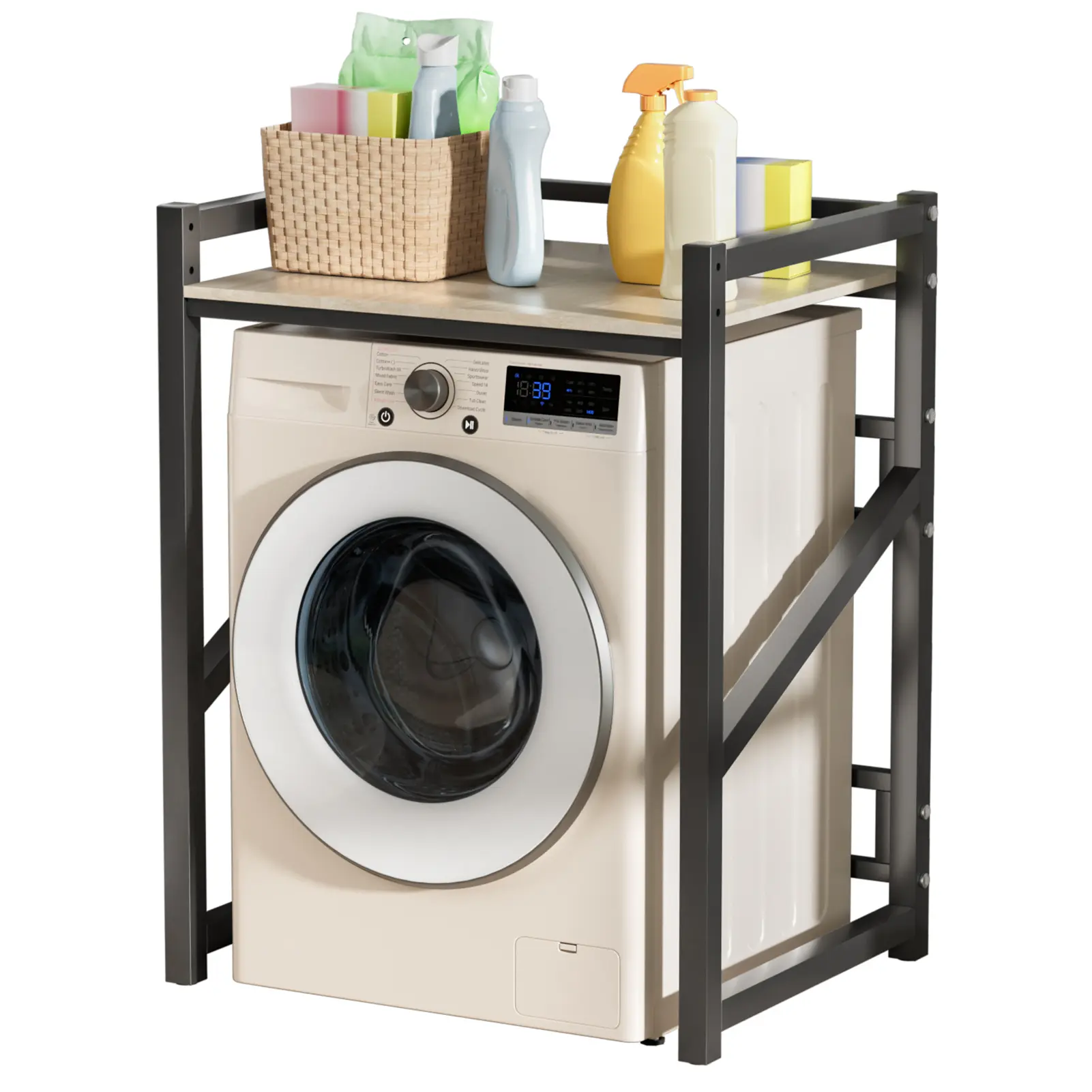 Freestanding Iron Frame Washer Dryer Shelf - Bathroom Organizing Accessories, Thick Metal Space Saver, Adjustable Width, Adjustable Height, Stackable, Wipe with Damp Cloth, Fits Most Washers, 24.8" Depth Fit, for Balcony & Indoor Use
