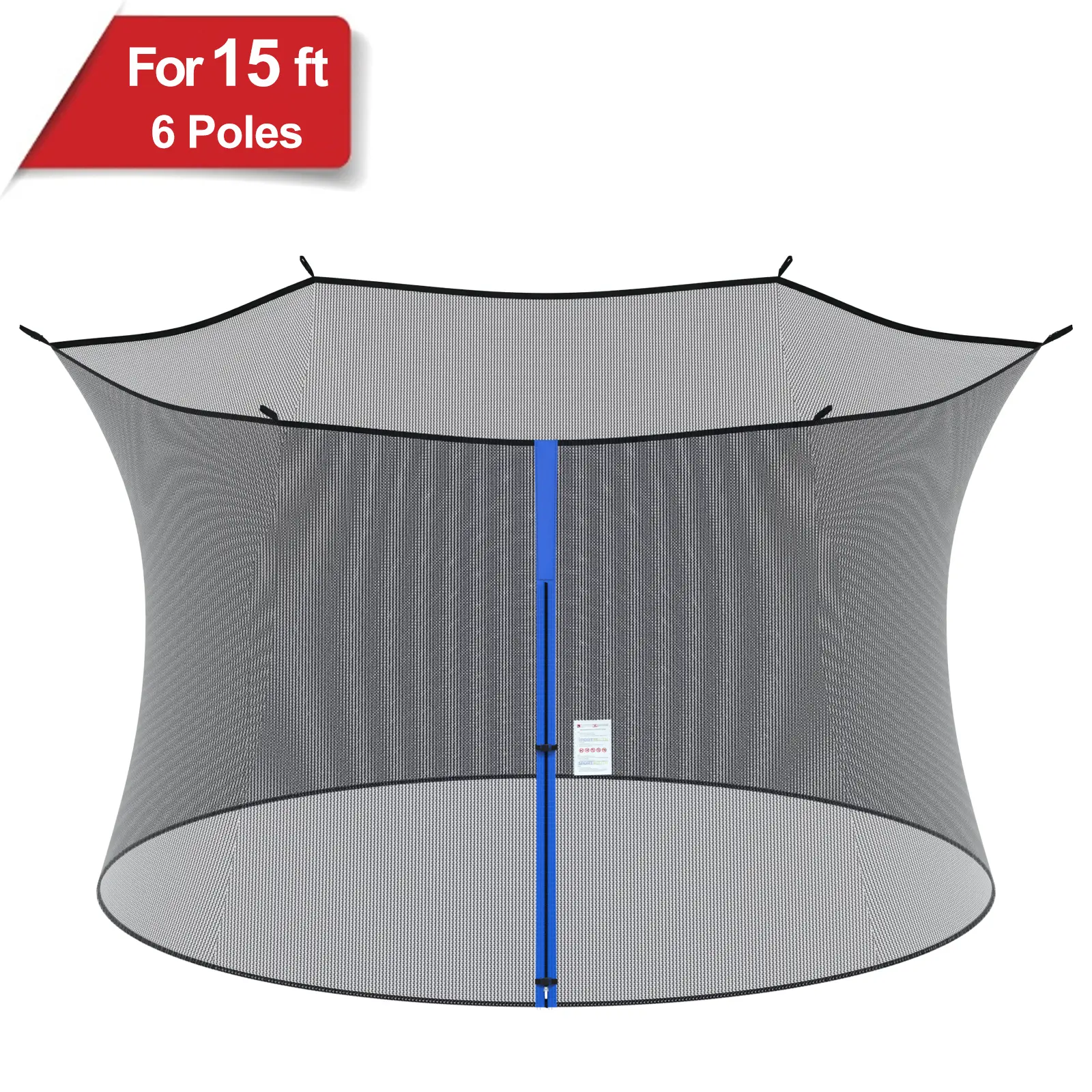 Trampoline Safety Net, 15ft Replacement Enclosure Net for 6 Straight Poles Round Frame, Breathable and Weather-Resistant, with Adjustable Straps, Zippers, Protection Buckles, NET ONLY