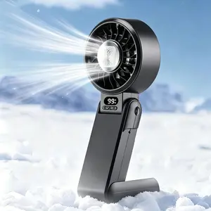 Portable High-Speed Handheld Fan The Ultimate Outdoor Gadget | Rechargeable Mini Fan with Digital Display | Handheld, Stand-Alone, Wall-Mounted & Neck-Hanging | Phone Holder & Icing Cooling Function Black White, Father's Day Gift