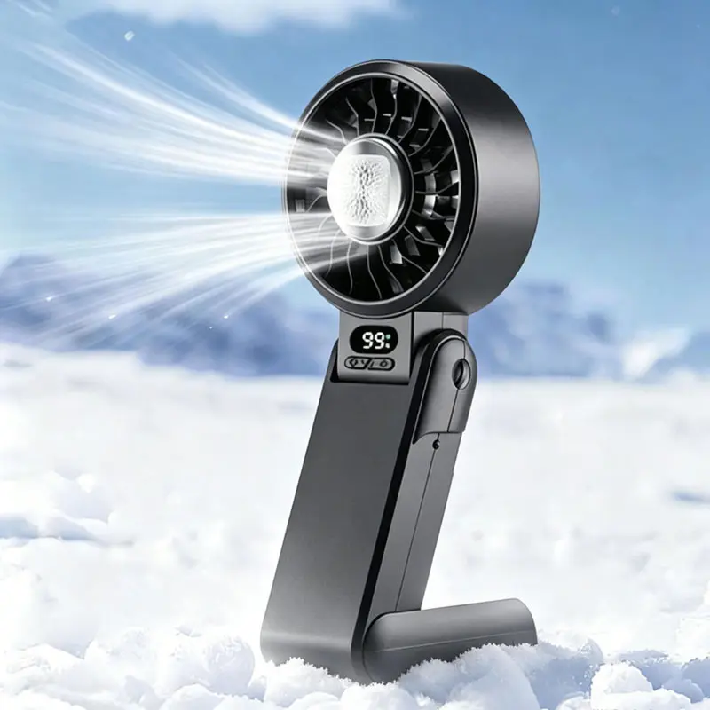 Portable High-Speed Handheld Fan The Ultimate Outdoor Gadget | Rechargeable Mini Fan with Digital Display | Handheld, Stand-Alone, Wall-Mounted & Neck-Hanging | Phone Holder & Icing Cooling Function Black White