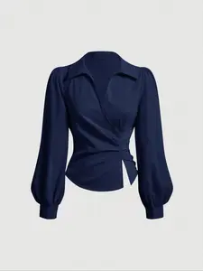 Elegant Slim-Fit Lantern Sleeve Blouse with Back Waist Belt and Metal Buckle, Spring & Fall Woven Fabric Women's Casual Wear