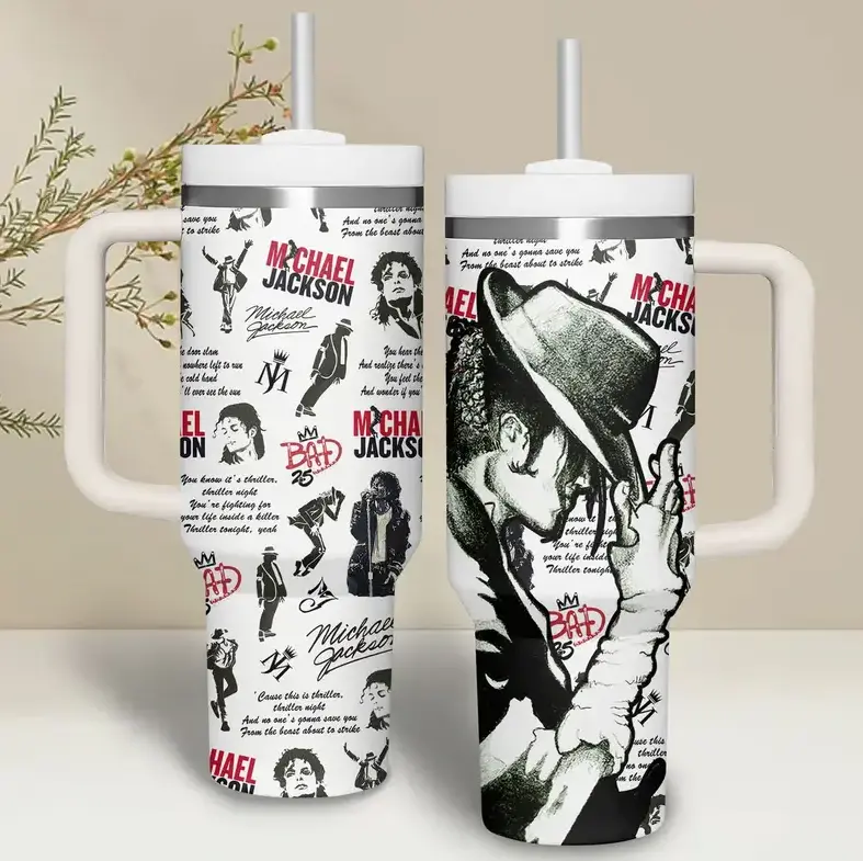 Michael's Jackson'ss Inspired Tumbler 40oz 20oz With Handle, King of Pop Moonwalk Collage Typography Artwork Stainless Steel Insulated Travel Cup, Music Fan Drinkware Gift