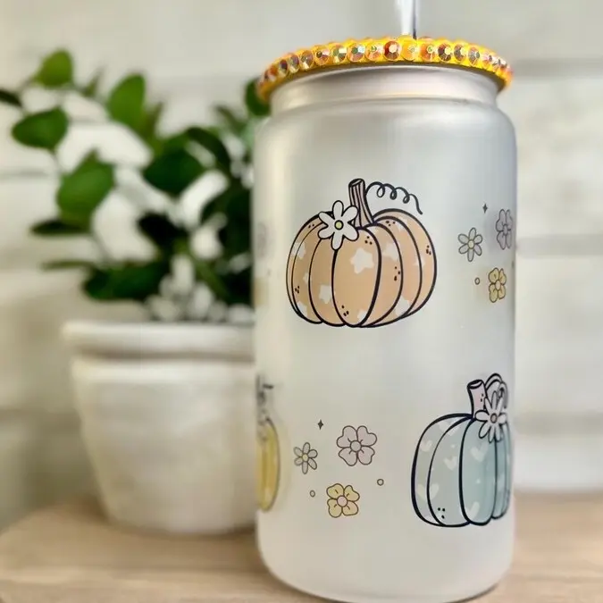 Fall Pumpkin and Flower 16oz Glass Can with Elegant Rhinestone Lid and Festive Design for Seasonal Drinks