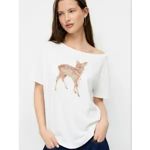 Cider Cotton-blend Deer Graphic Asymmetrical Neck Oversized Tee