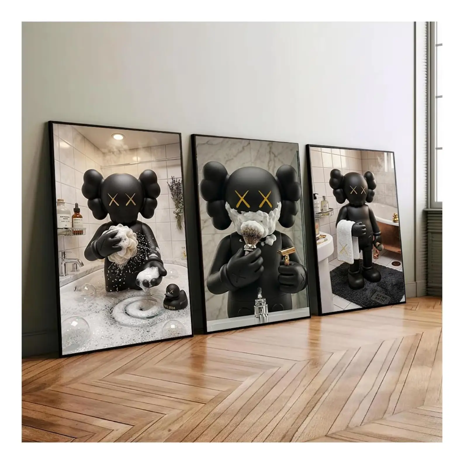 KAWS Black Bathroom Wall Art Set of 3 - Hypebeast Graffiti Poster Prints, Modern Companion Style Shower Toilet Washroom Decor