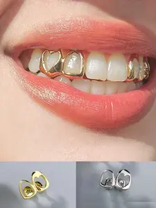 2Pcs 18k Heart Design Dual Tooth Grillz, Luxurious Punk Hip-pop Style, Fashion Dental Jewelry for Men&Women, Ideal for Parties, Music Festivals, Halloween,Social Activity