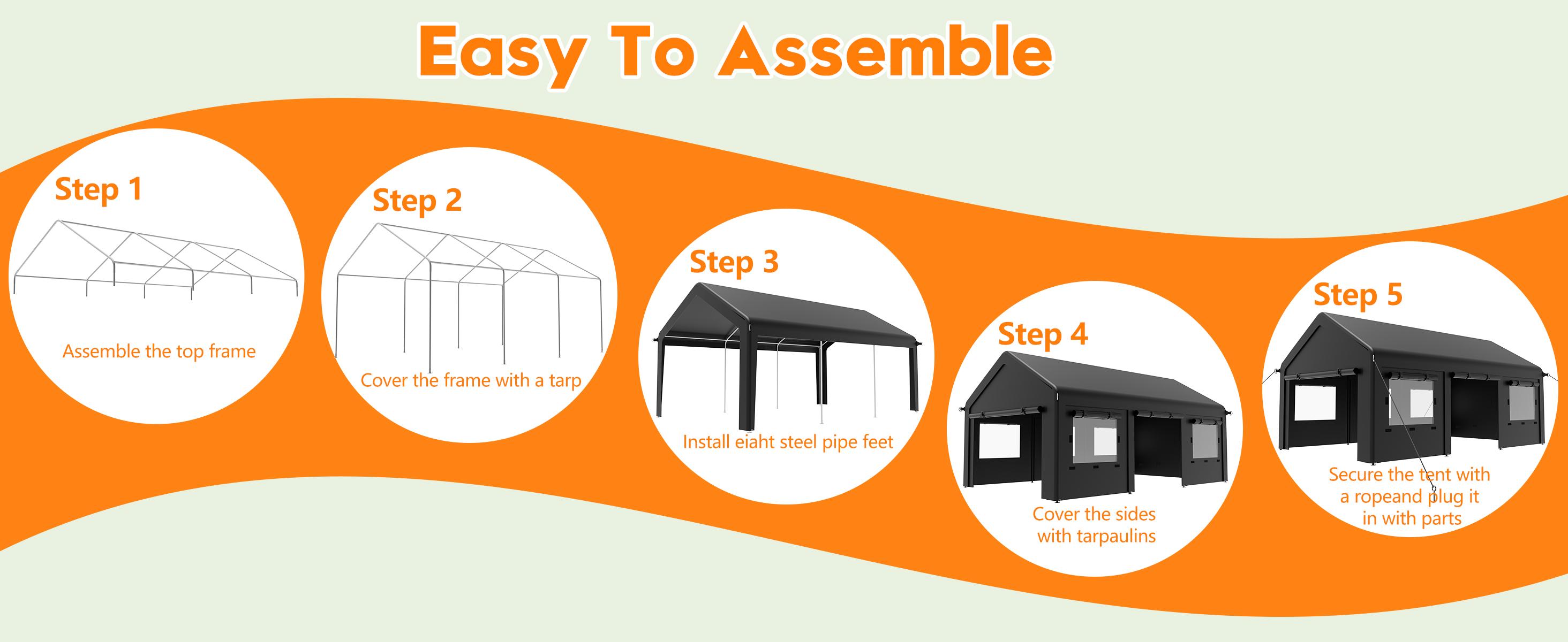 MNLR 12' x 20' Carport Canopy, Portable Garage with Side-Opening Door, Roll-Up Windows and 4-Hole Base, Black