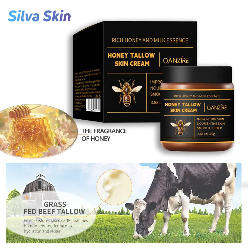 Organic Grass-Fed Beef Tallow Balm with Raw Honey & Antioxidants - Honey-Based, Moisturizing, Non-Toxic, Longlasting Body Moisturizer for Dry Skin (3.88 oz) - Beef Tallow for Skin Care, Honey-Based Body Balm