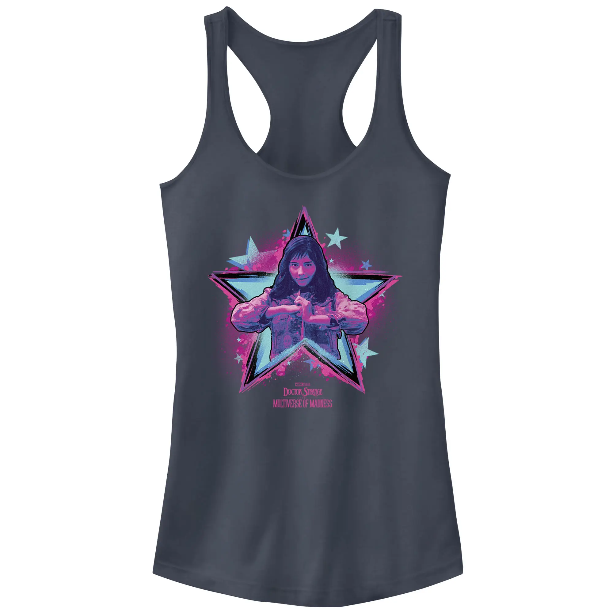 Juniors Womens Marvel Doctor Strange in the Multiverse of Madness Neon America Chavez Racerback Tank Top