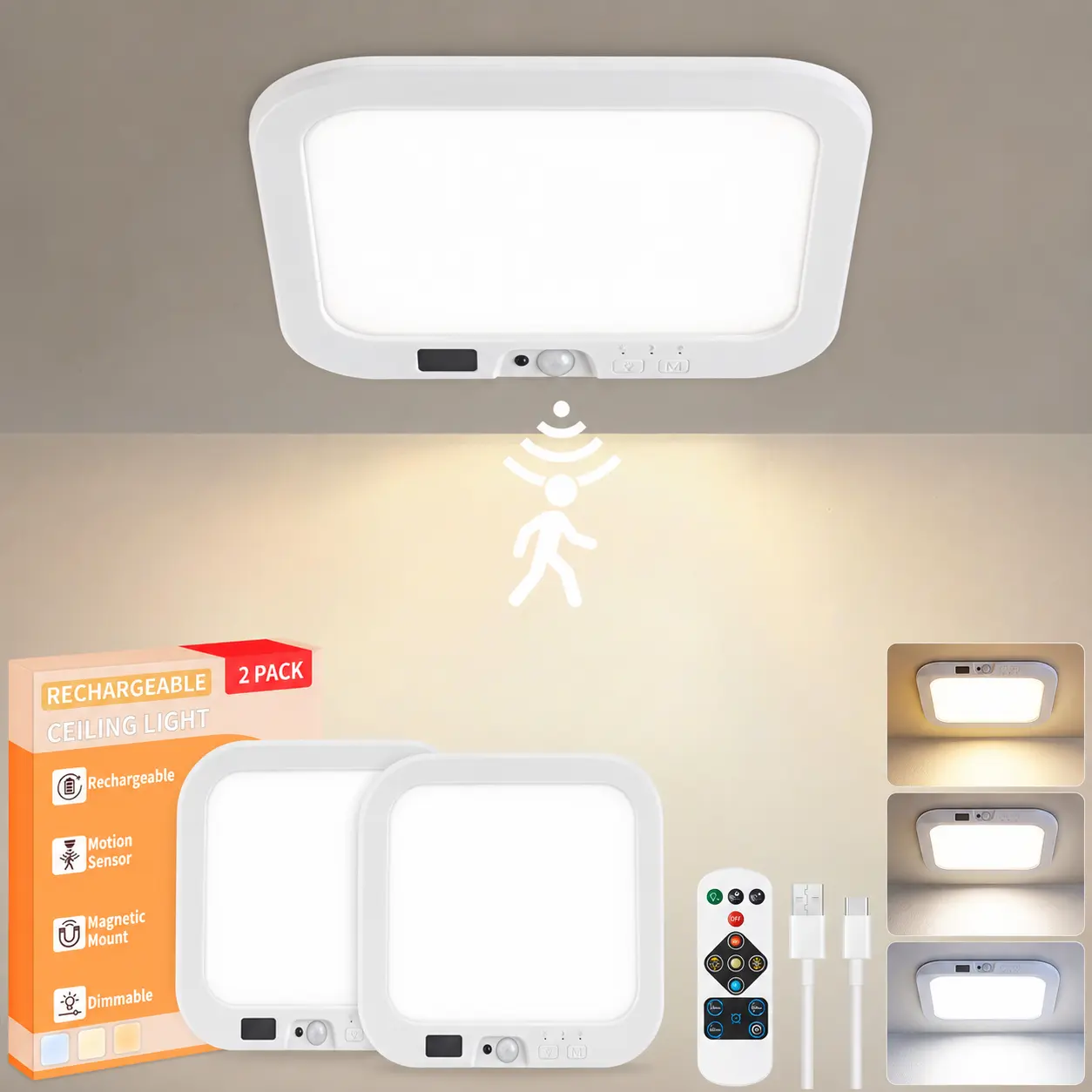 GIVRYES Rechargeable LED Ceiling Lights 2-Pack, 3 Color Modes, Motion Sensor with Remote, Wireless Magnetic Battery Operated Lighting, Automatic Sensor & Charging Port Lighting for Closet, Porch, Led Lights