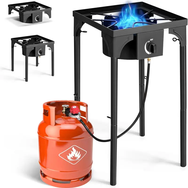 75,000 BTU Single Burner Propane Gas Stove - Freestanding Portable Outdoor Cooking Station with Removable Legs, Flame Dial Control, Easy Assembly for Camping, Emergency Preparedness, Fishing (Home Supplies)