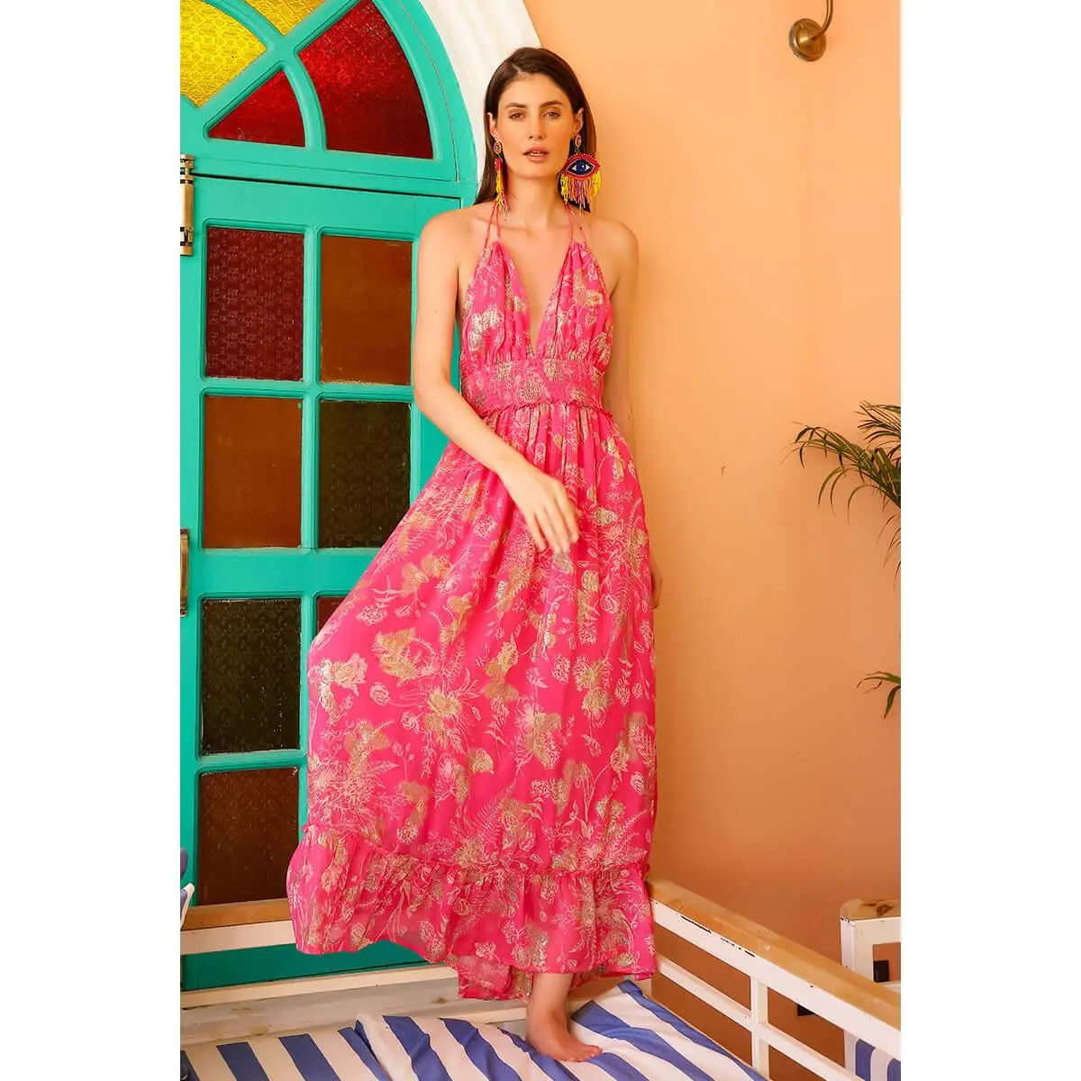 Pink leaf halter dress
