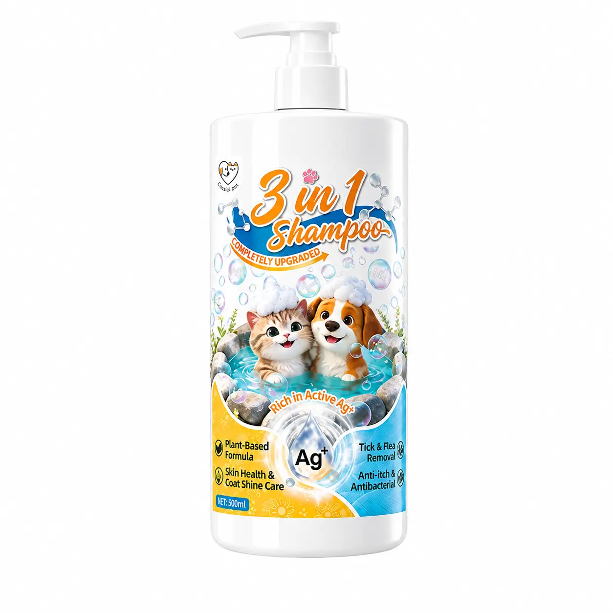 Cassiel-Pet 3-in-1 Pet Shampoo for Dogs & Cats, Gentle Cleansing, Deodorizing and Everyday Coat Care,500 mL/16.9 fl oz