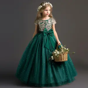Luxury Elegant Dress for Kids Girls Embroidery Lace Vintage Formal Prom Gown Plying Sleeve Birthday Party Princess Dresses Wedding Evening Long Dress Christmas Dress for Kids