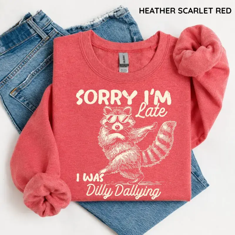 Funny Raccoon Sorry I'm Late I Was Dilly Dallying Sweatshirt, Sarcastic Humor Tee, Cute Trash Panda Graphic Top, Trendy Meme Gift