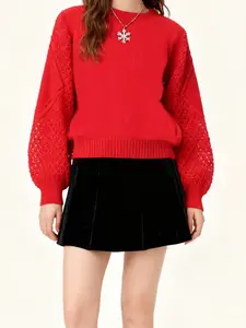Women's 2026 Sheer Orange-Toned Red Knitwear Sweater, Hollow-Out Lantern Long Sleeves, Loose Fit, 1-Piece Heart-Accent Comfortable Casual Top