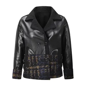 Women’s faux leather patchwork plaid jacket — double-breasted design, plush lapel short winter coat, fashionable street-style outerwear top