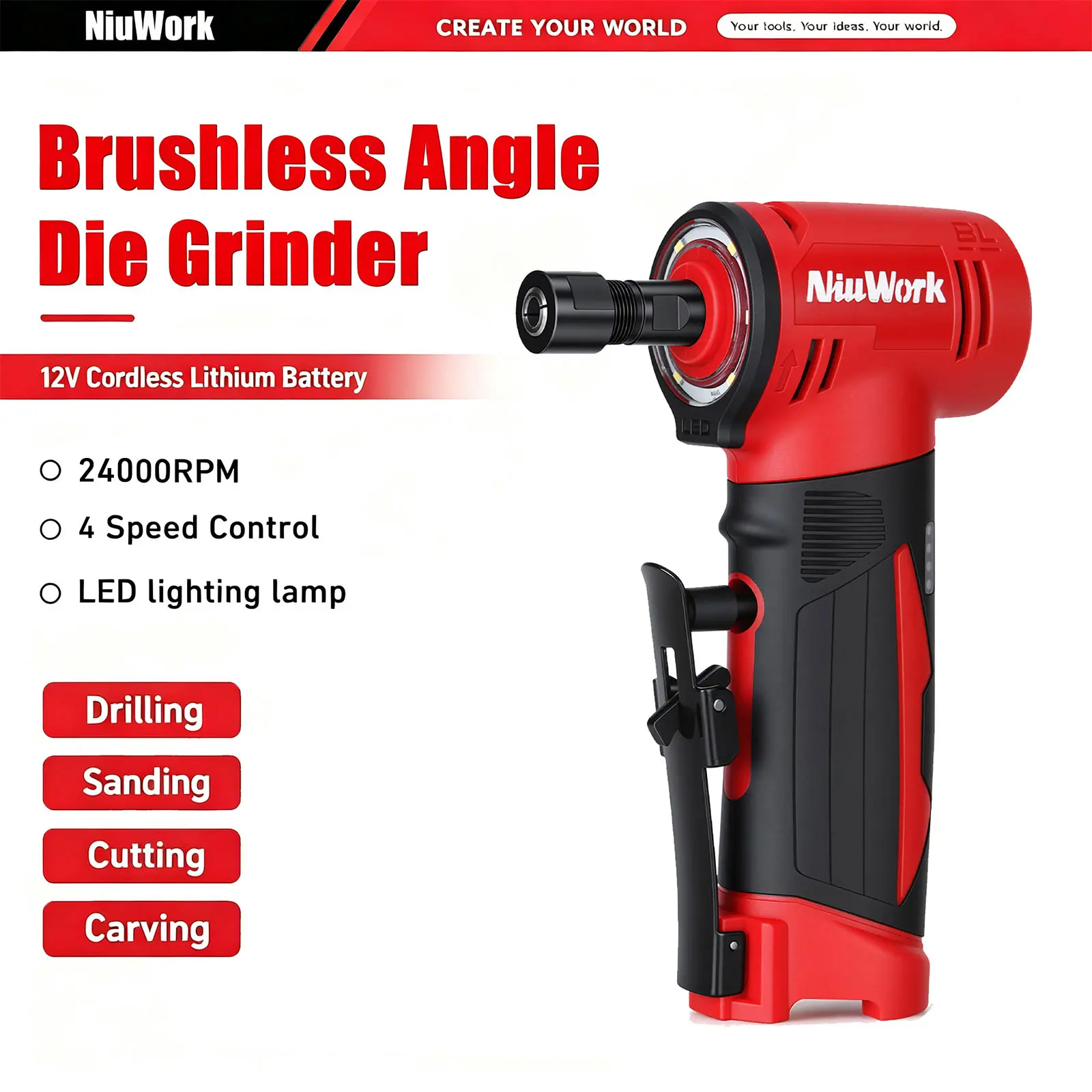 NiuWrok Right Angle Die Grinder - 12V Cordless 4-Speed Power Die Grinders Max 24000RPM, 1/4" Angle Die Grinder Kit with 2.0Ah Battery & Charger for Gasket Removal, Grinding, Polishing