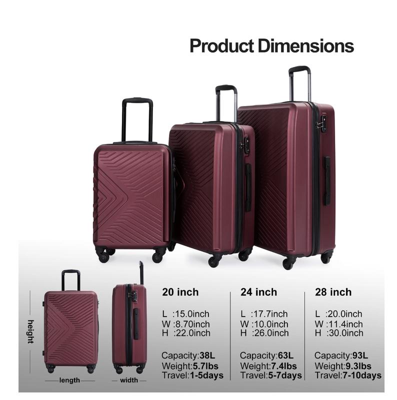 3 Piece Hardshell Luggage Set Hardside Lightweight Suitcase with TSA Lock Spinner Wheels 20in24in28in.(Red)