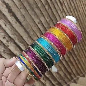 32 Raindrop Bangles + 10 Gold Stone Bangles  Rain Drop Bangles with Beautiful Gold Stone Glass Bangles - Colorful and Sparkling
