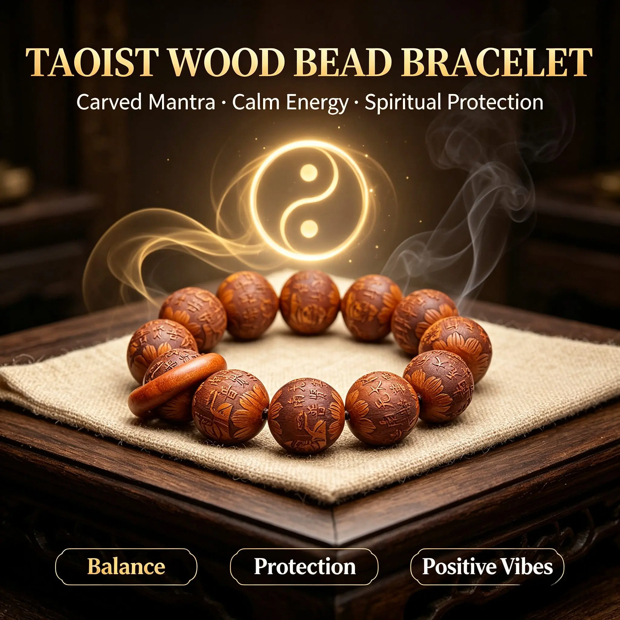 Mystic Taoist Talisman Bracelet, Hand-Carved Wooden Prayer Beads for Luck, Protection & Spiritual Energy, Meaningful Gift