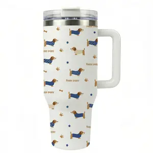 1pc 40oz Stainless Steel Tumbler with Lid and Straw, Cute Dachshund Dog Print "Happy Puppy", Double Wall Vacuum Insulated Mug, Keep Hot 12H/Cold 24H, Reusable Travel Thermal Cup for Car, Office, Outdoor Sports, Gift for Dog Lovers and Friends