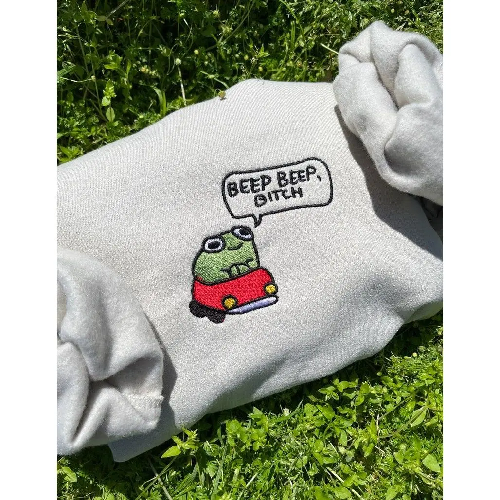 frog embroidered crewneck sweatshirt funny cottage core frog lover silly gift, Beep Beep
