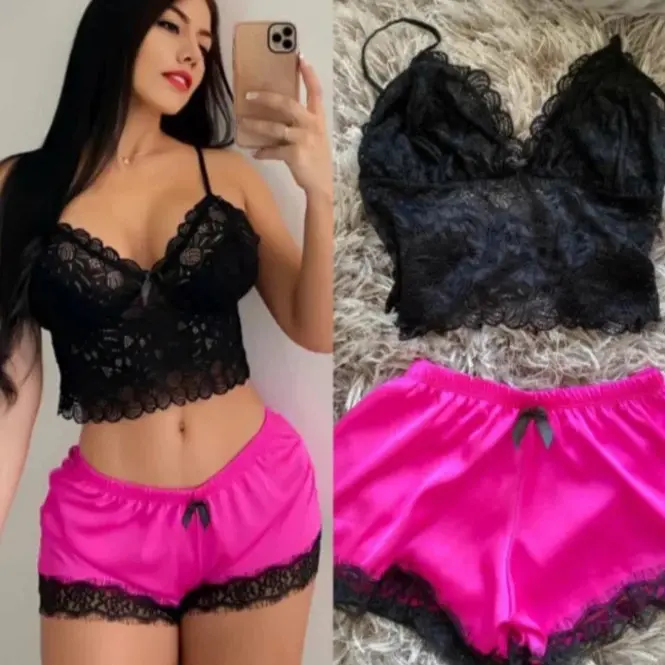 Women's Lace Top and Short Two Piece Pajamas Set for Loungewear and Nightwear Comfortable Soft