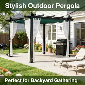 LH-Large Tent For Camping Party Family Outdoor Gathering，10x10 Ft Pergola, Outdoor Pergolar, Retractable Pergola with Adjustable Blue Canopy, 4 White Curtains, Small Patio Pergola Canopy, Weatherproof Aluminum Pergola for Garden Backyard，Parties，Beach