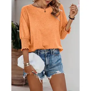 Ladies' Elegant 3/4 Sleeve Pleated Shirt - Soft Pink Polyester Fiber Round Neck with Ruffled Cuffs, Loose Fitting,  Collar Womenswear