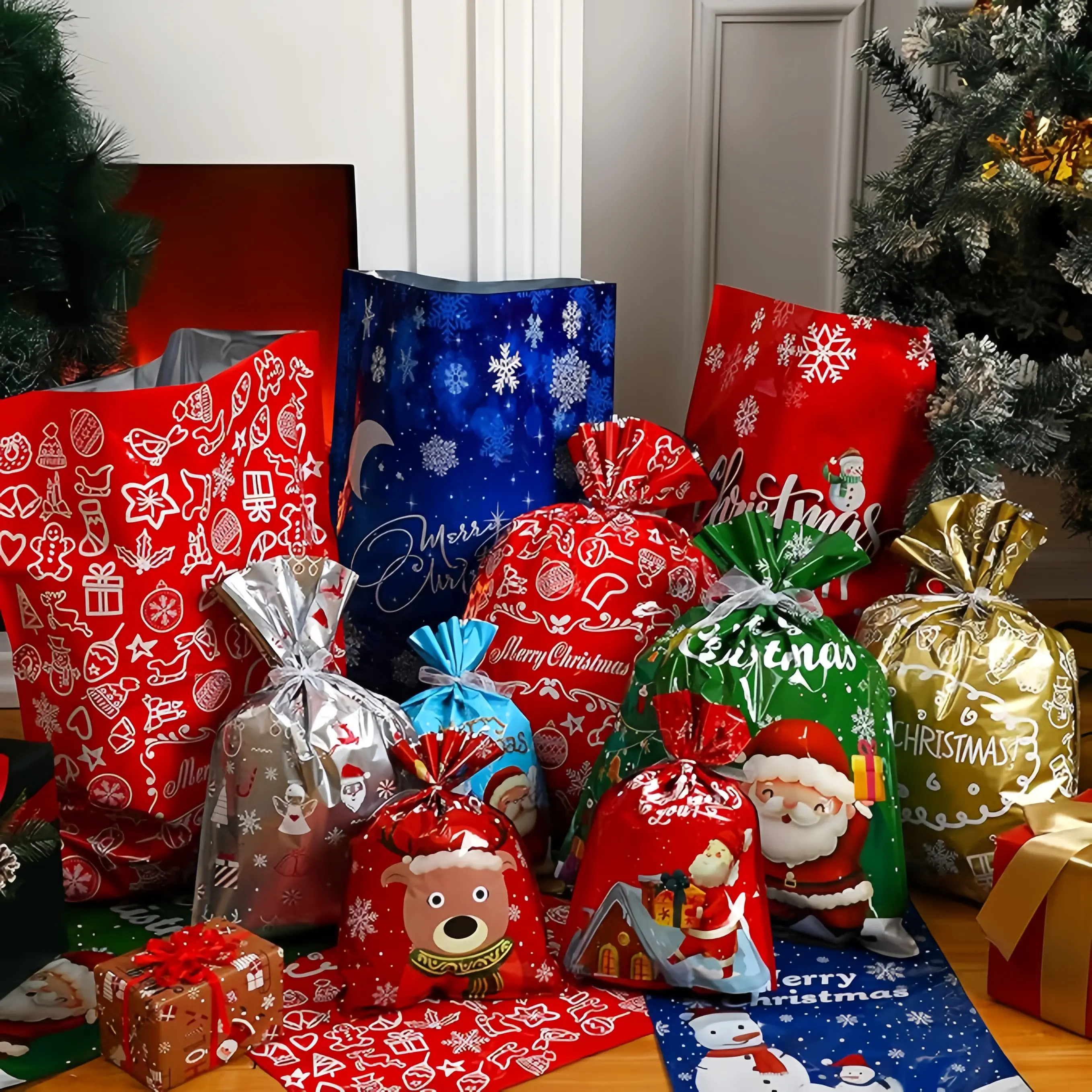 50PCS Christmas Gift Bags Set, Drawstring Xmas Wrapping Bags with Tags, 25 Designs Reusable Santa Goody Bags for Presents, Assorted Sizes- XL, L, M, S