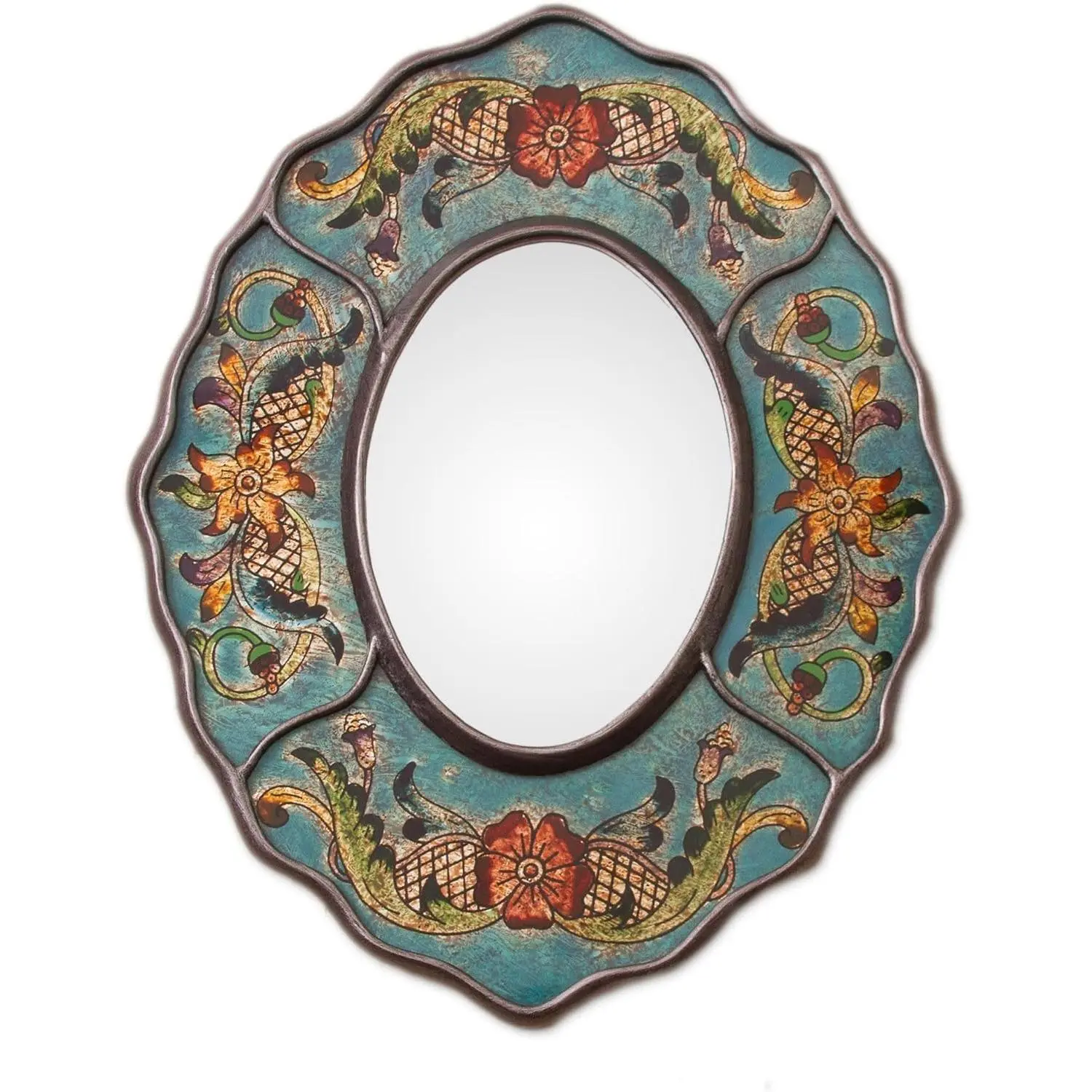 NOVICA Artisan Crafted Traditional Reverse-Painted Glass Wall Mirror - Turquoise Flower Motif, Wooden Rectangle Frame, Peruvian Wall Hanging Decor, Authenticity-Certifying Official Card, Room Accent 'Turquoise Colonial Wreath' 2026