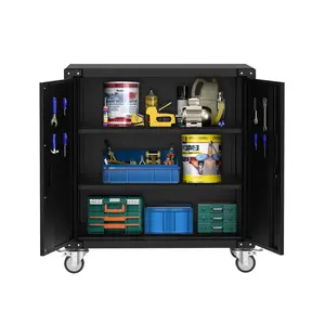 Metal Rolling Tool Cabinet, Black Heavy Duty Storage Cabinet with 2 Adjustable Shelves, Pegboard, Locks and 4 Wheels, Rust Resistant Tool Cart for Garage & Workshop