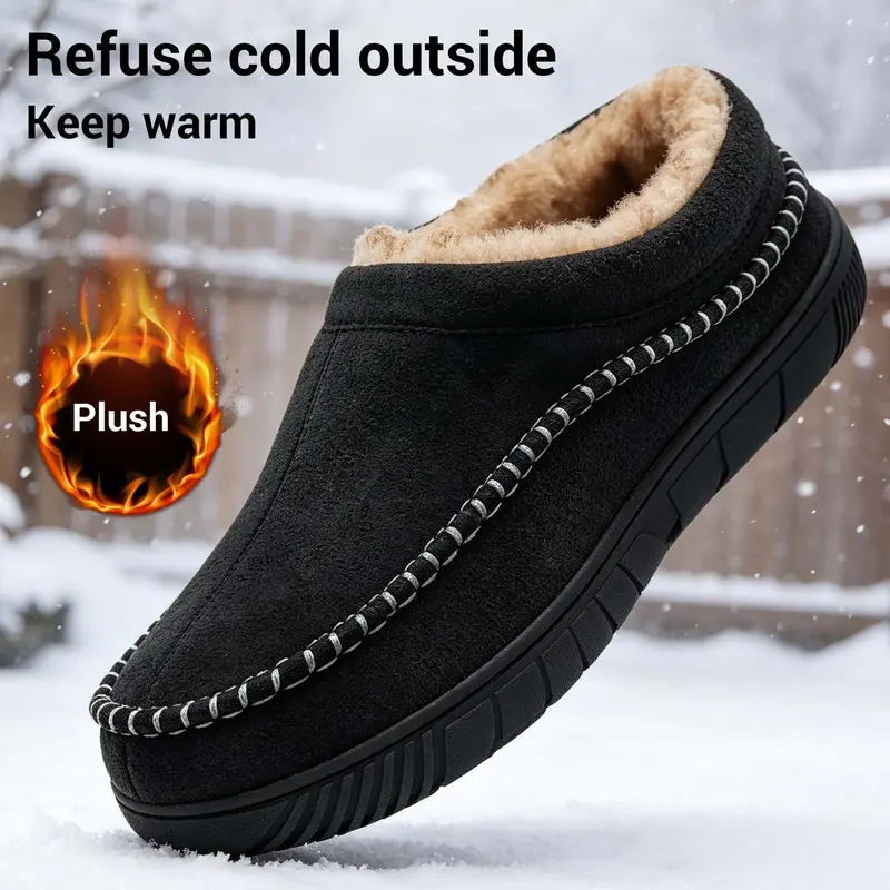SHOESLOCKER Men's Winter Anti-Slip Classic Moccasin Slippers - Slip On, Ankle, Round Toe, Thick Rubber Sole, Memory Foam Insole, Low-Heel, Plush Fleece Lining, Brown Microsuede All Season Indoor-Outdoor Footwear - Fathersdaygift, Mens Gifts For Him, Boyfr