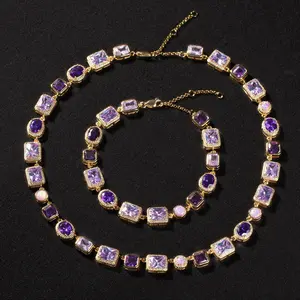 [ICE HUE]Set 2pcs 18K Gold Vacuum Plated Copper with 5A+ Sri Lanka Colorful Zircon Dopamine Necklace & Bracelet Miami Italy Mexico & Micro Inspired for Women & Men Luxury Jewelry,Daily Wear,Casual Gift Hip Hop,