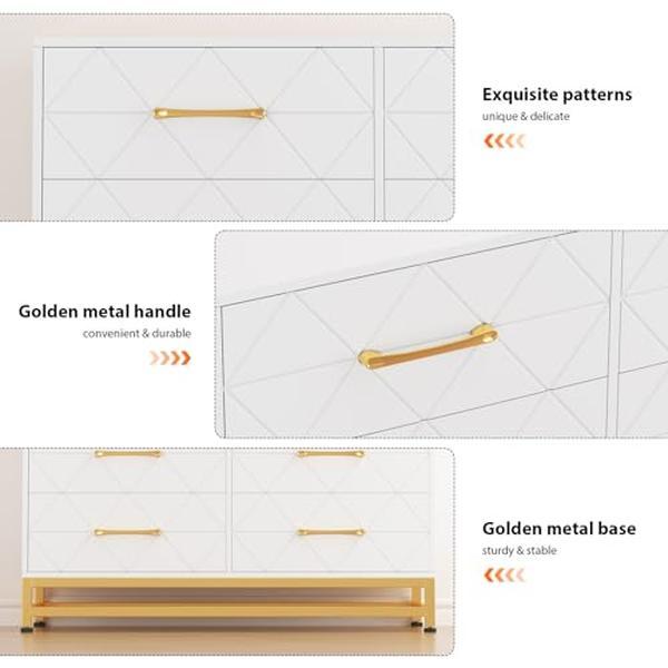 White Dresser for Bedroom with 6 Drawers, Wood Chest of Drawers, TV Stand, Morden Dresser for Closet, Living Room, Hallway, Nursery