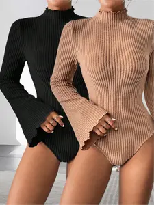 Women's Solid Ribbed Thumb Hole Bodysuit, Casual Long Sleeve Turtle Neck Bodysuit for Fall & Winter, Women's Clothes for Daily Wear, Tops, Seamless Bodysuits