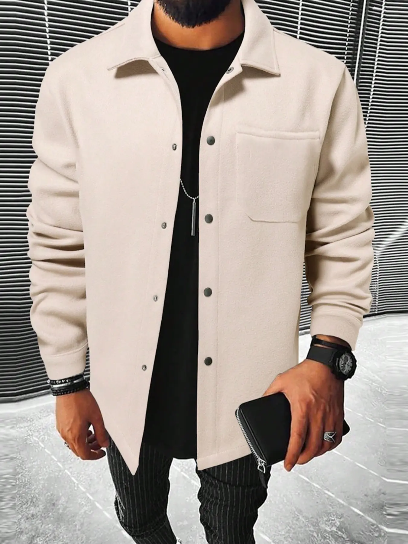Men's Casual Patchwork Jacket, Manfinity Homme Outerwear Coat for Friends, Stylish Pocket Design, Perfect for Outdoor Activities