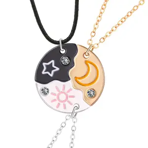 Magnetic Puzzle Necklace Set for 3, Sun, Moon & Star Design, Friendship Jewelry with Rhinestone Details, Unique Gift for Best Friends & Sisters, Ideal for Birthday, Valentine's Day, and Special Occasions