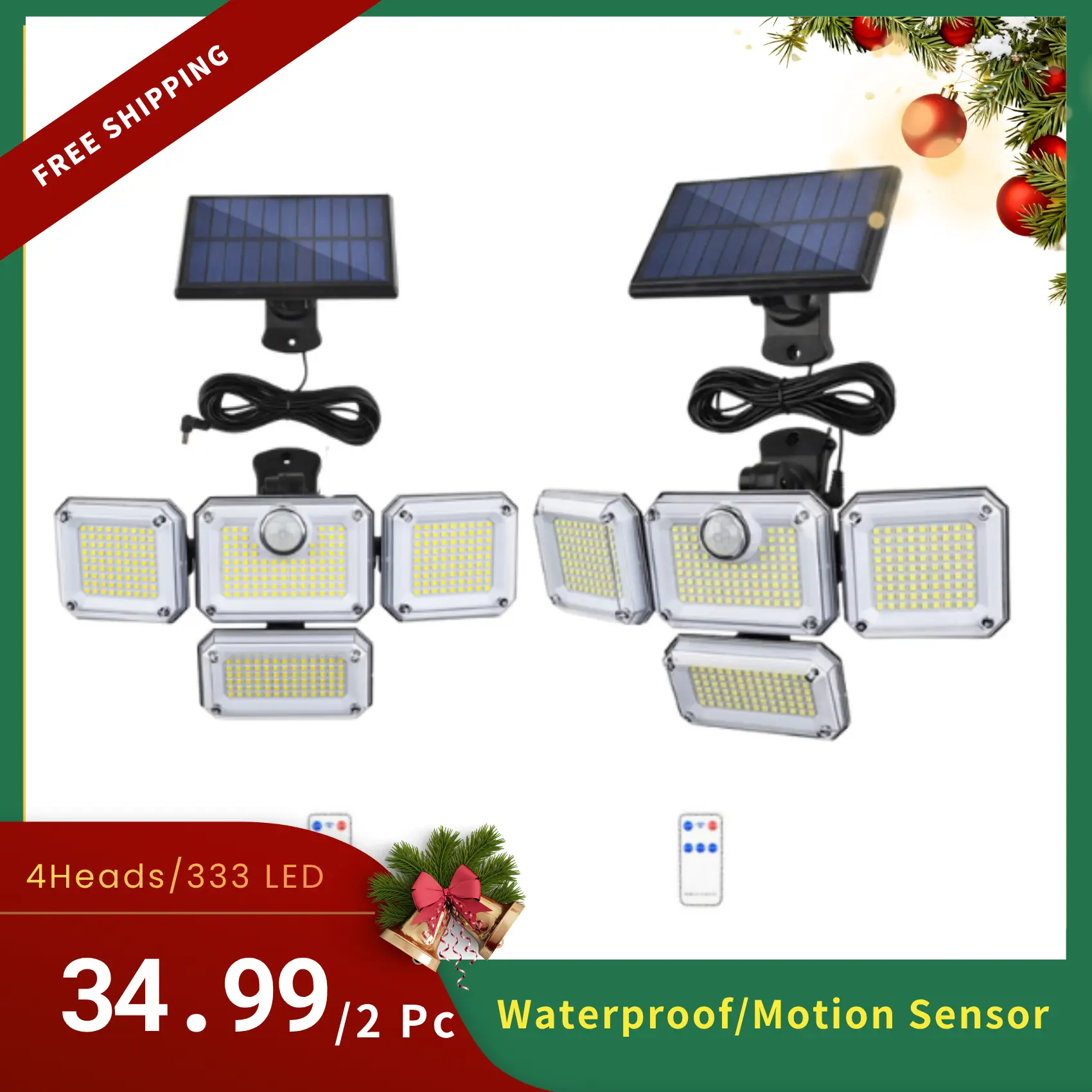 2 Pcs Solar Dusk to Dawn Street Light 333 LED, 4-Head Motion Sensor Outdoor Security Light, IP65 Waterproof Solar-Powered Wall Lamp for Yard & Patio