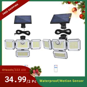 2 Pcs Solar Dusk to Dawn Street Light 333 LED, 4-Head Motion Sensor Outdoor Security Light, IP65 Waterproof Solar-Powered Wall Lamp for Yard & Patio