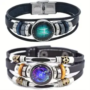2 PCS Alloy Hand-Woven Multi-Layer Pisces Leather Bracelets, Wristband Fashion Accessories, Suitable for Women Men Jewelry Birthday Gift