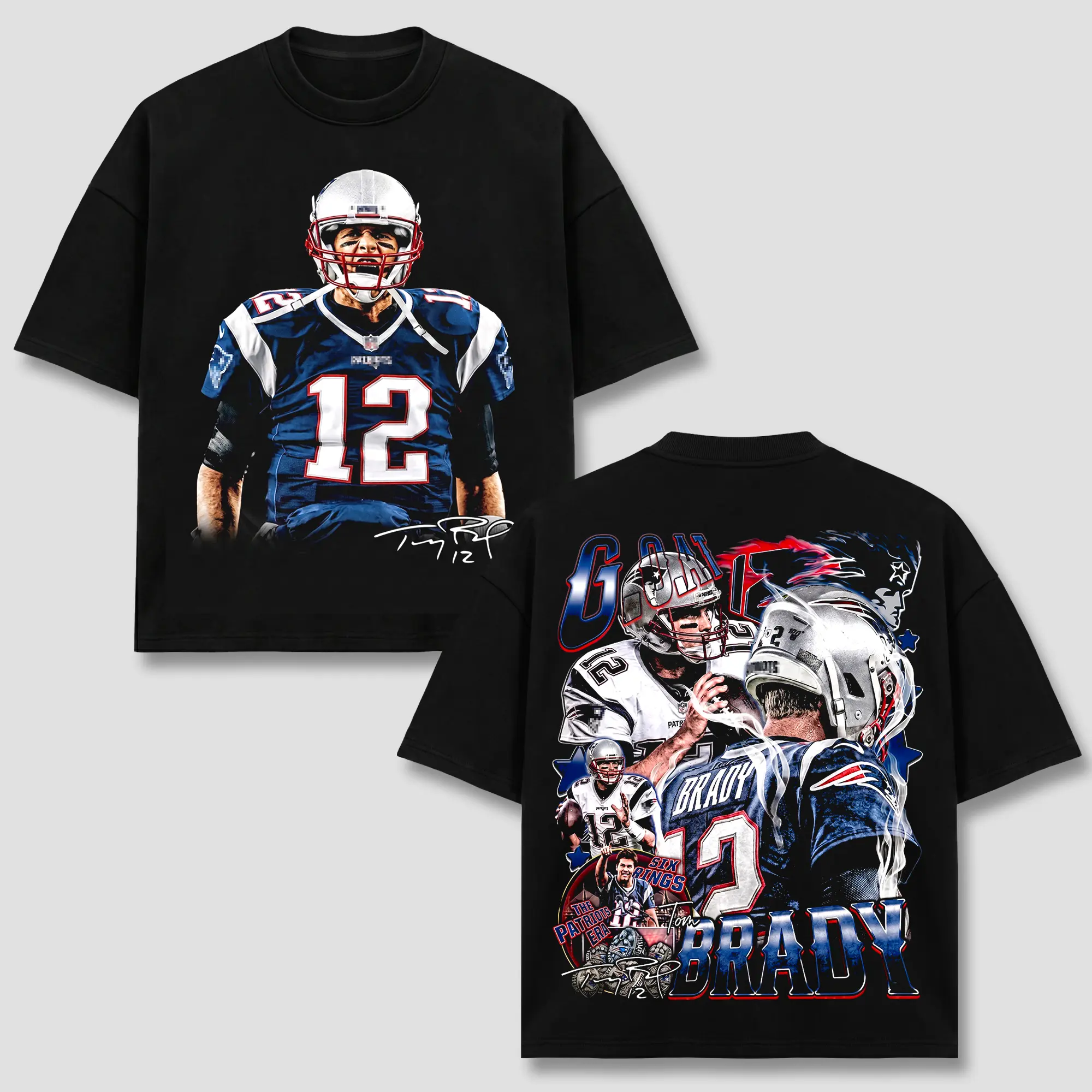 Unisex Menswear Tom Brady #12 Round Neck Short-Sleeve T-Shirt - NE Football Quarterback Tee, 6 Rings Back Print Graphic Apparel, 90s Retro Bootleg Sports Top, Heavyweight Oversized Black Fan Heritage Gift
