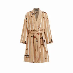Cider Fleece V-neck Dog Pattern Stripe Robe With Belt