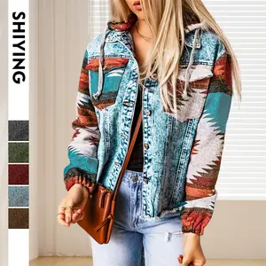 Shiying European and American Autumn Winter New Cross-Border Retro Jacket Hooded Pocket Denim Patchwork Color-Block Denim Style Coat for Women