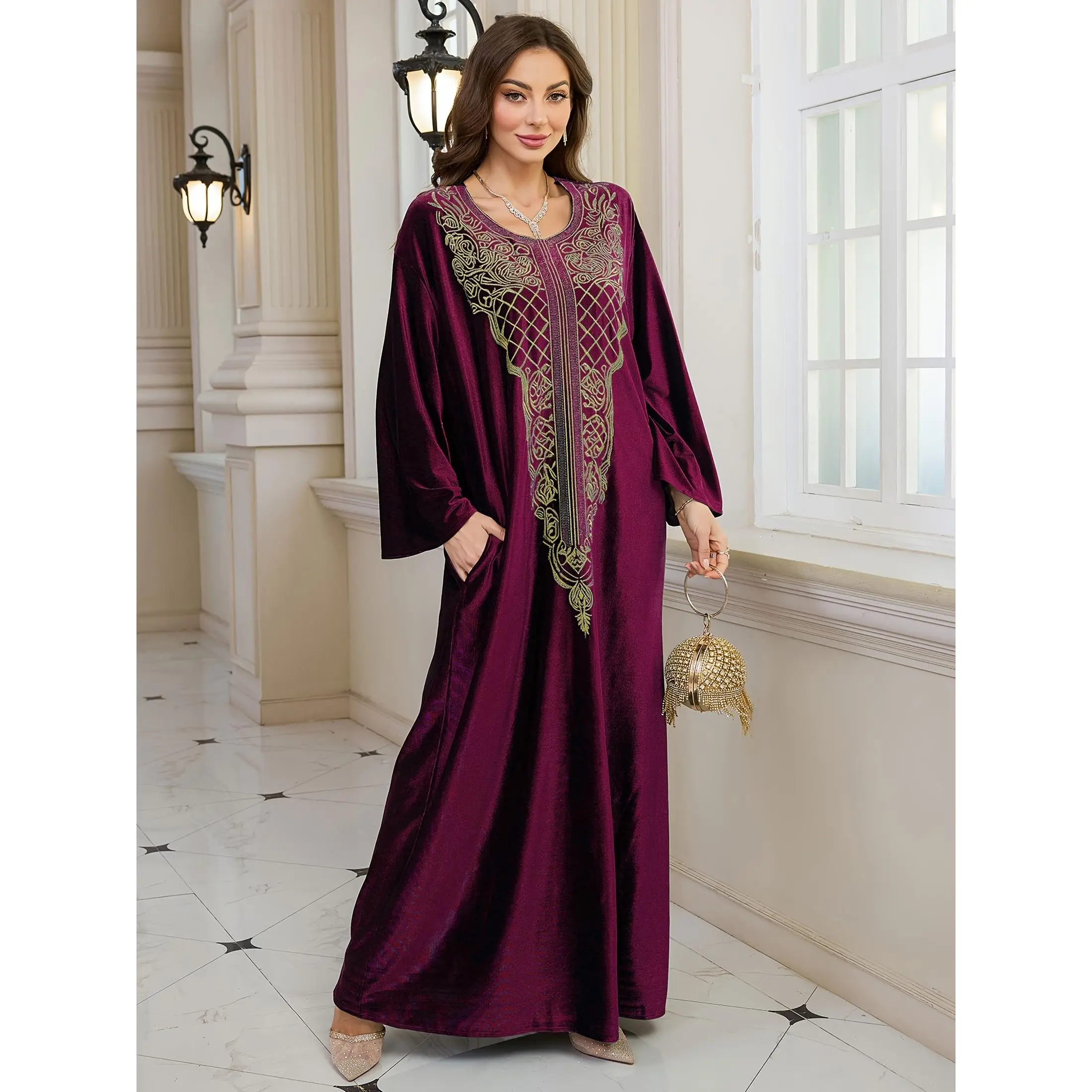 Elegant Burgundy Embroidered Long Sleeve Kaftan Dress - Middle Eastern Style, Loose Fit Maxi Jalabiya with Floral Patterns, Perfect for Spring/Summer/