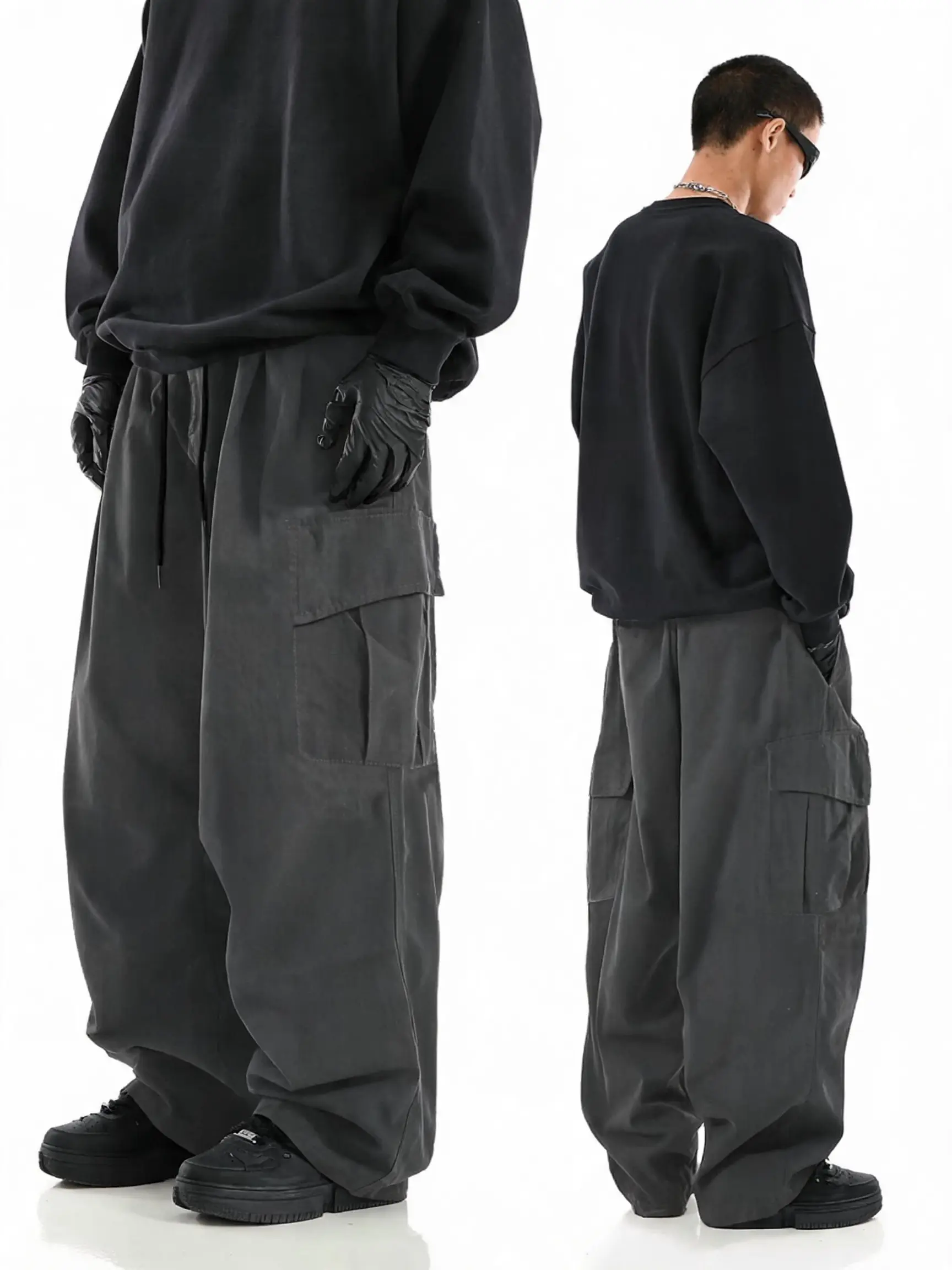 American high-street 【Cargo wide-leg pants with large 3D pockets】 Stylish TikTok Shop Spring Glow-Up elastic drawstring waist relaxed loose floor-length casual pants Dark functional style with ruched drape, versatile straight-cut cargo pants Smooth, wrink