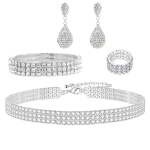 5 PCS Rhinestone Jewelry Set with A Nice Gift Box for Women Silver Sparkly Choker Necklace Stretch Bracelet Hoop Ring Dangle Fringe Earrings Set for Wedding Bridal Shower Birthday Party Tea Party Dance parties Clothing Accessories
